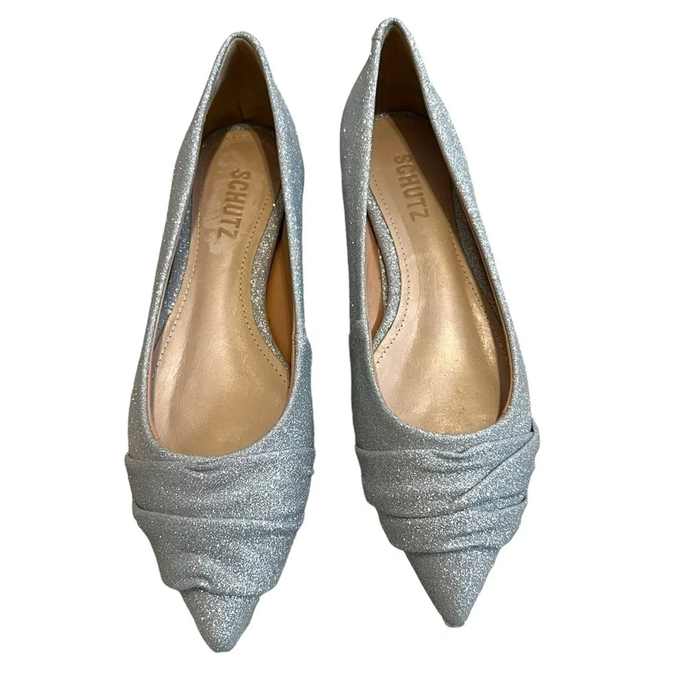 Schutz‎ Flats Pointed Toe Sparkle Metallic Silver Shoes Size 5.5 New without Box